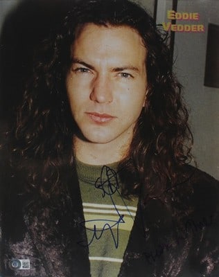 Eddie Vedder signed Pearl Jam 11x14 photo Beckett COA: Eddie Vedder signed Pearl Jam 11x14 photo Beckett COA This 11x14 photo has been personally signed by Eddie Vedder of Pearl Jam. The photo includes an inscription by Eddie Vedder, though the content of