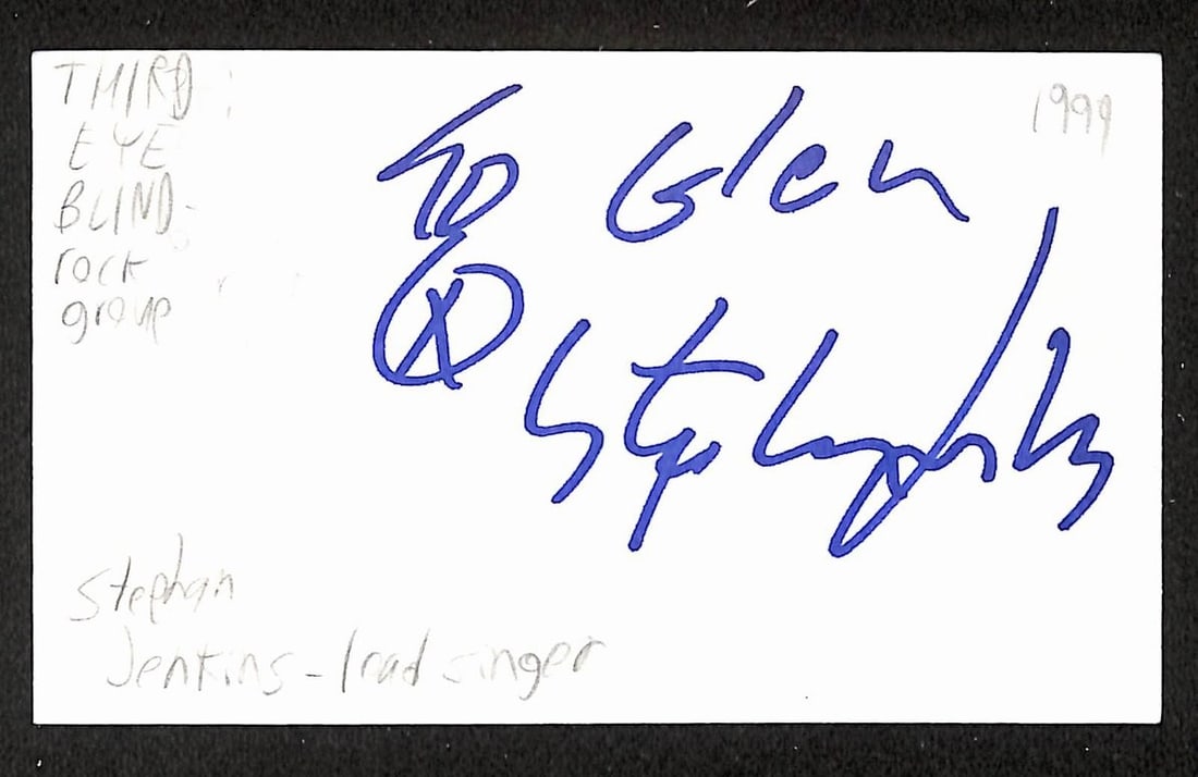Third Eye Blind Stephan Jenkins signed 3x5 index card JSA BA209547: Third Eye Blind Stephan Jenkins signed 3x5 index card JSA BA209547 This is an original 3x5 index card autographed by Stephan Jenkins of Third Eye Blind. The item has been authenticated by JSA (certifi