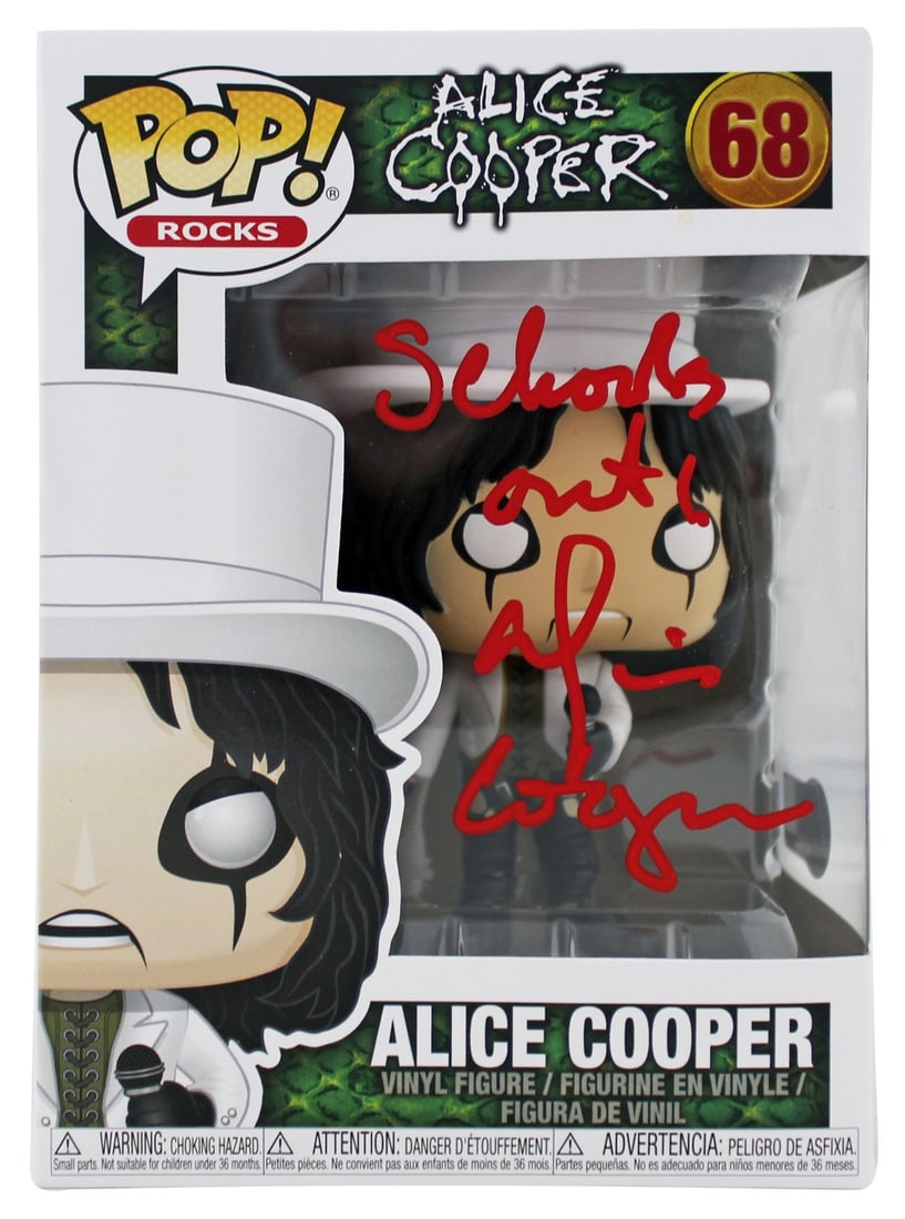 Funko Pop Figure #68 Alice Cooper Signed With Schools Out Inscription BAS Witnessed: Funko Pop Figure #68 Alice Cooper Signed With Schools Out Inscription BAS Witnessed This pre-owned Funko Pop Vinyl Figure #68 features Alice Cooper and is signed by the artist in red ink, accompanied 