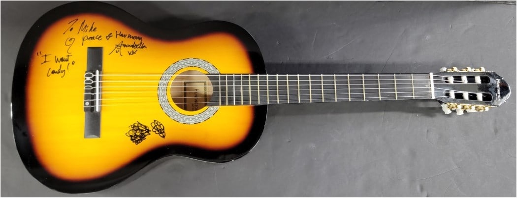 Annabella Lwin Signed Acoustic Guitar with Inscription Beckett Authenticated: Annabella Lwin Signed Acoustic Guitar with Inscription Beckett Authenticated This is an original acoustic guitar signed by Annabella Lwin, featuring a unique inscription that reads "To Mike... I Want 
