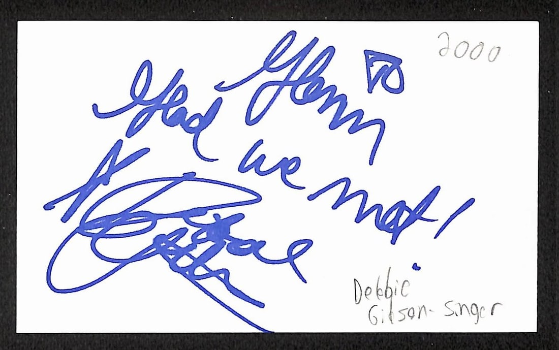Debbie Gibson signed 3x5 index card JSA authenticated: Debbie Gibson signed 3x5 index card JSA authenticated This is a 3x5 index card autographed by 1980s pop singer Debbie Gibson. The item is an original and comes with authentication by JSA (BA209512). I