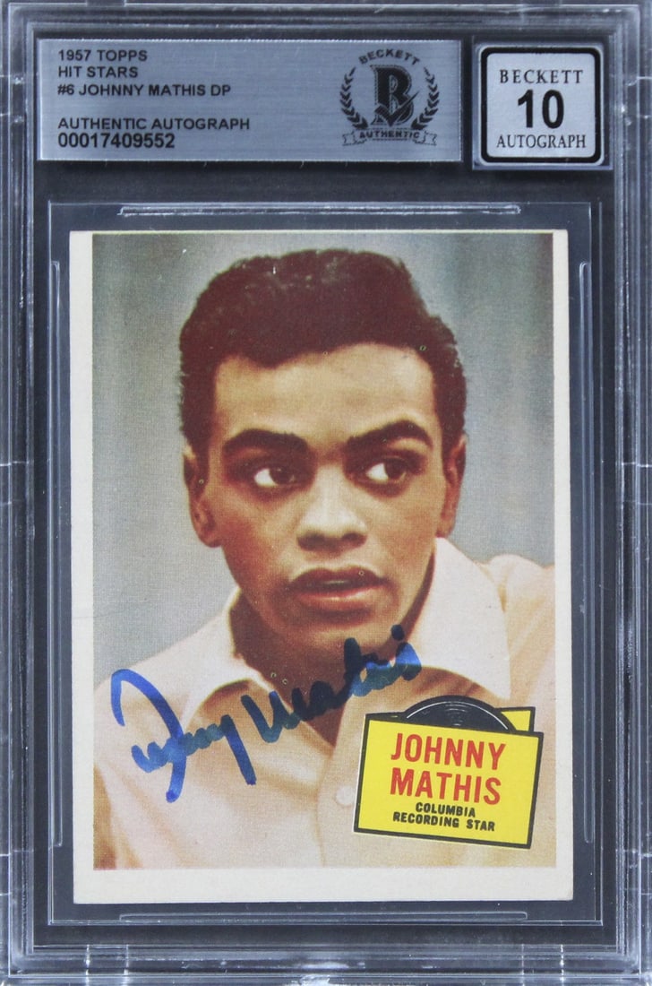 1957 Topps Hit Stars Johnny Mathis signed card Beckett slabbed (1 of 2)