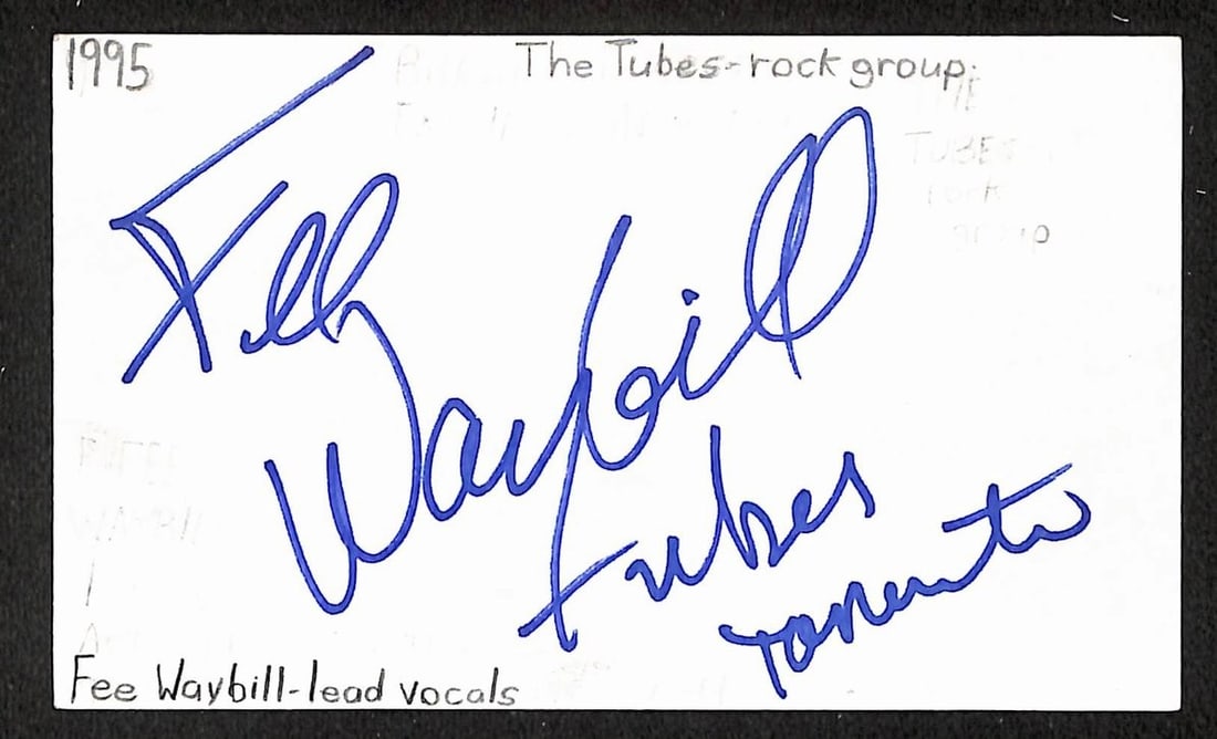 Fee Waybill signed 3x5 index card JSA BA209532: Fee Waybill signed 3x5 index card JSA BA209532 This is an original 3x5 index card autographed by Fee Waybill of The Tubes. The signed card is associated with the JSA certification number BA209532 and 
