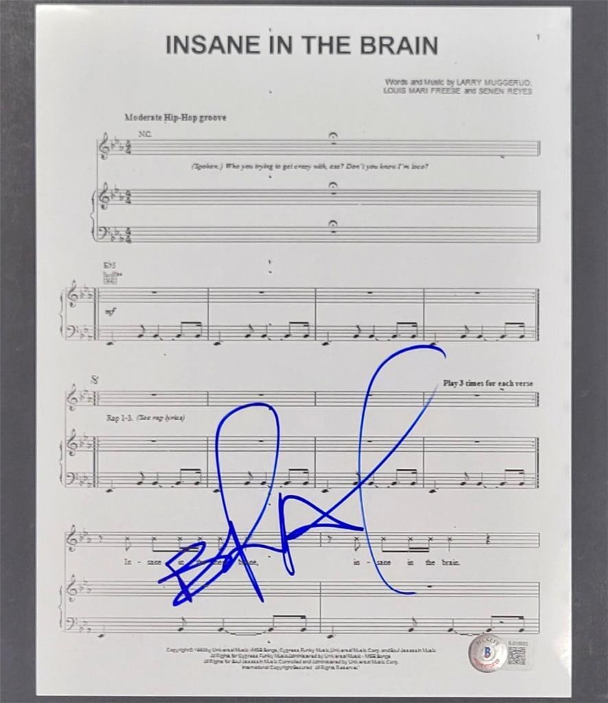 B-Real Autographed Insane In The Membrane Sheet 8.5x11 Beckett Authenticated: B-Real Autographed Insane In The Membrane Sheet 8.5x11 Beckett Authenticated This is an original 8.5x11 music sheet photo for the song "Insane In The Membrane," signed by B-Real of Cypress Hill. The a