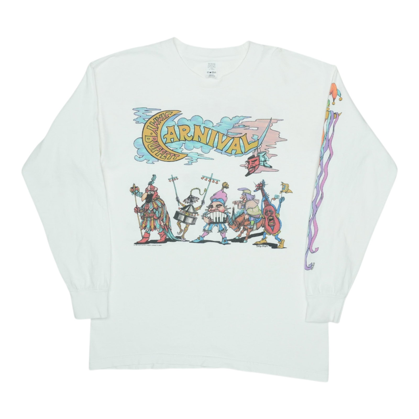 Vintage 1998 Jimmy Buffett Carnival White Cotton Long Sleeve Shirt: Vintage 1998 Jimmy Buffett Carnival White Cotton Long Sleeve Shirt This original vintage 1998 Jimmy Buffett Carnival long sleeve shirt features both front and back graphics. Made from 100% cotton, it 