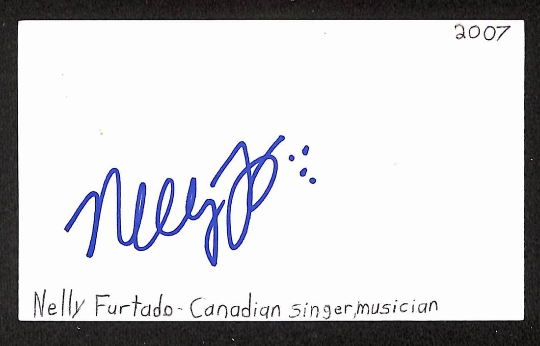 Nelly Furtado signed 3x5 index card JSA: Nelly Furtado signed 3x5 index card JSA This is an original 3x5 index card autographed by singer-songwriter Nelly Furtado. The item is authenticated by JSA (BA209558) and is in pre-owned condition. Sp