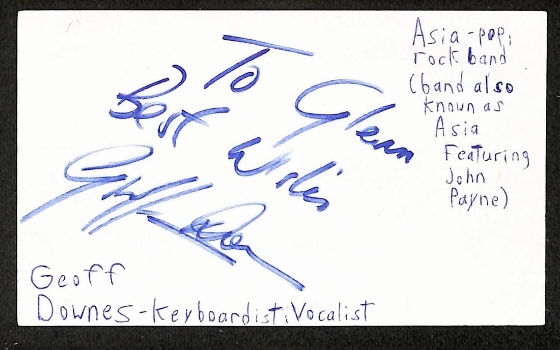 Geoff Downes signed 3x5 index card JSA BA209578: Geoff Downes signed 3x5 index card JSA BA209578 This is an original 3x5 index card signed by musician Geoff Downes. The autograph is authenticated by JSA with certification number BA209578. The item i