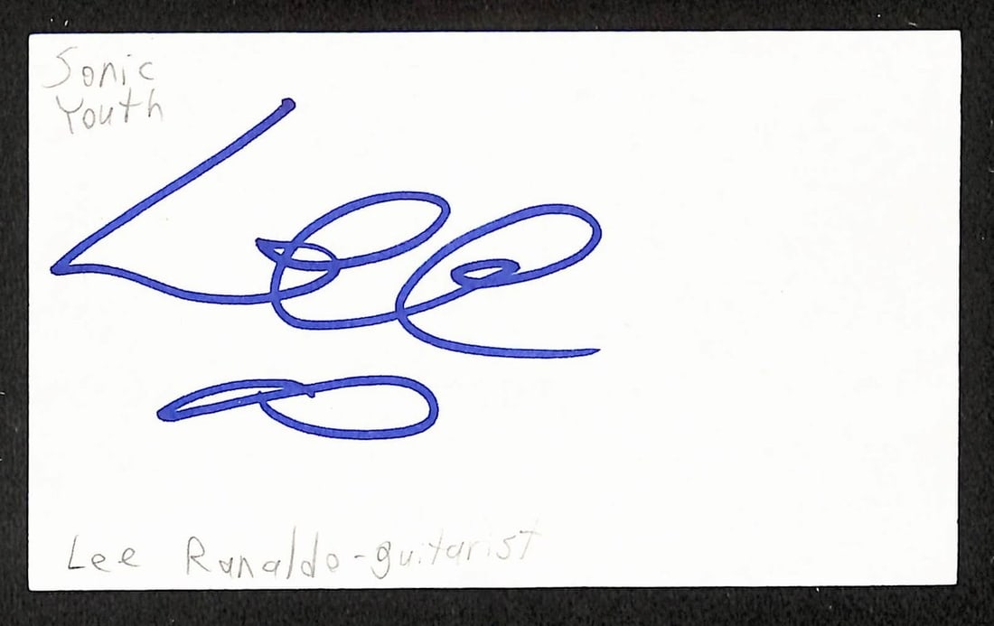 Lee Ranaldo signed 3x5 index card Sonic Youth JSA: Lee Ranaldo signed 3x5 index card Sonic Youth JSA This is an original 3x5 index card autographed by Lee Ranaldo of Sonic Youth. The signed card is accompanied by authentication from JSA (certification