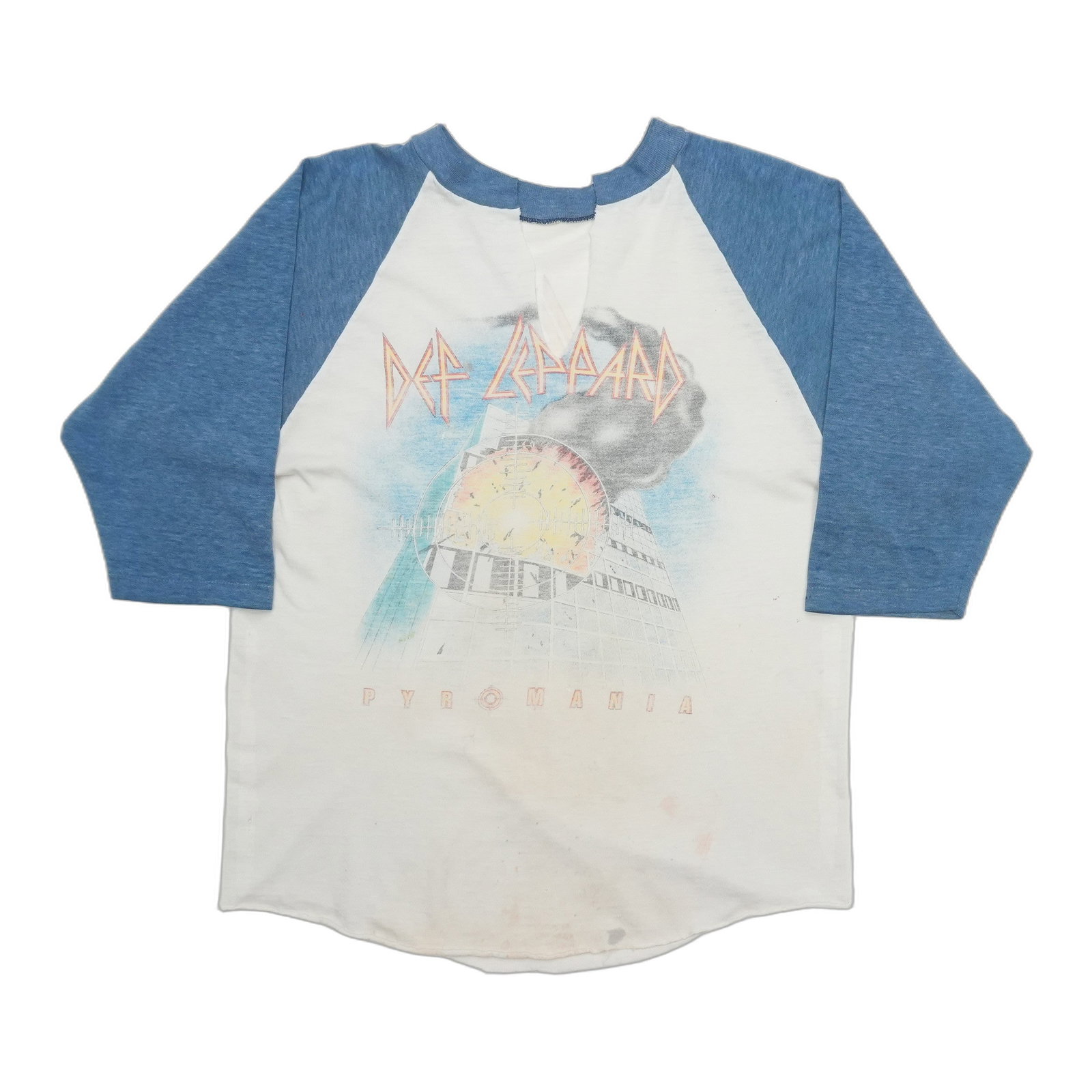 Vintage Def Leppard Pyromania raglan tour shirt 1983 blue: Vintage Def Leppard Pyromania raglan tour shirt 1983 blue This is an original vintage 1983 Def Leppard Pyromania Tour raglan shirt. It is not a modern reproduction. The shirt is in worn condition, fea
