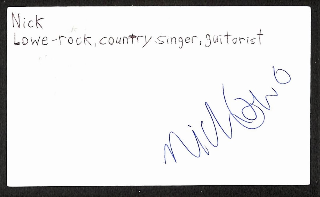 Nick Lowe signed 3x5 index card JSA: Nick Lowe signed 3x5 index card JSA This is an original 3x5 index card autographed by musician Nick Lowe. The item comes with JSA authentication and is in pre-owned condition. It is a collectible piec