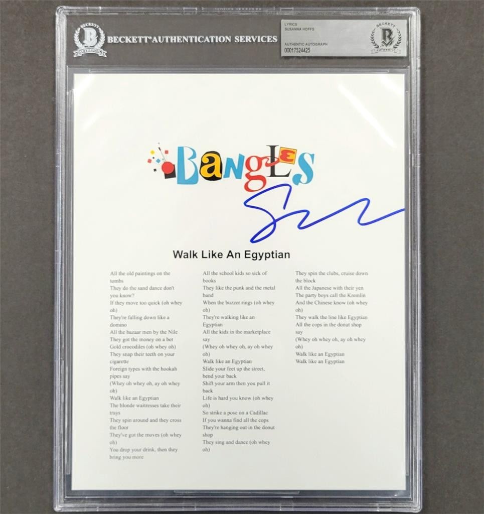8x10 Lyrics Sheet Signed by Susanna Hoffs Walk Like an Egyptian Beckett Authenticated: 8x10 Lyrics Sheet Signed by Susanna Hoffs Walk Like an Egyptian Beckett Authenticated This is an original 8x10 lyrics sheet for "Walk Like an Egyptian," personally signed by Susanna Hoffs. The autogra