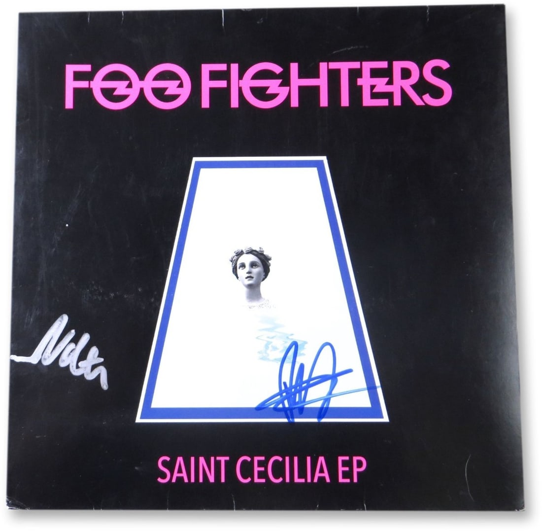Saint Cecilia Album Cover Signed by Nate Mendel and Pat Smear Beckett Authenticated: Saint Cecilia Album Cover Signed by Nate Mendel and Pat Smear Beckett Authenticated This is an original album cover for "Saint Cecilia," signed by Nate Mendel and Pat Smear. The item includes only the