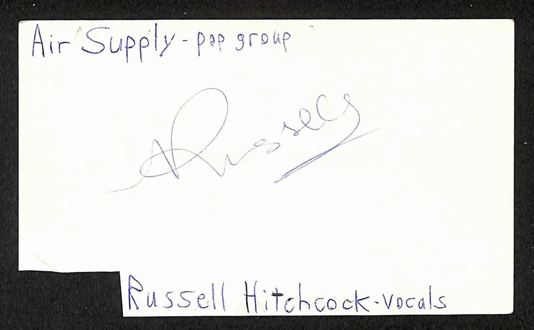 Russell Hitchcock signed 3x5 index card JSA Air Supply: Russell Hitchcock signed 3x5 index card JSA Air Supply This item is an original 3x5 index card autographed by Russell Hitchcock of Air Supply. The signature has been authenticated by JSA (certificatio