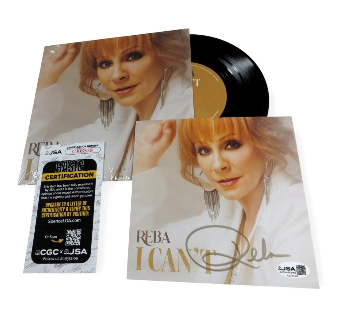 Autographed Reba McEntire 45rpm Insert With JSA Authentication: Autographed Reba McEntire 45rpm Insert With JSA Authentication This is an original 45rpm record insert autographed by Reba McEntire. The insert comes with a new copy of the 45rpm record "I Can't" and 