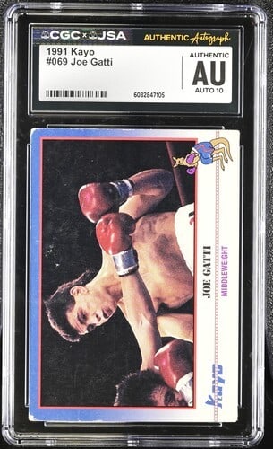 Joe Gatti Autographed 1991 Boxing Trading Card CGC and JSA Certified: Joe Gatti Autographed 1991 Boxing Trading Card CGC and JSA Certified This is an original 1991 Kayo boxing card featuring Joe Gatti. The card is autographed and comes with authentication from both CGC 