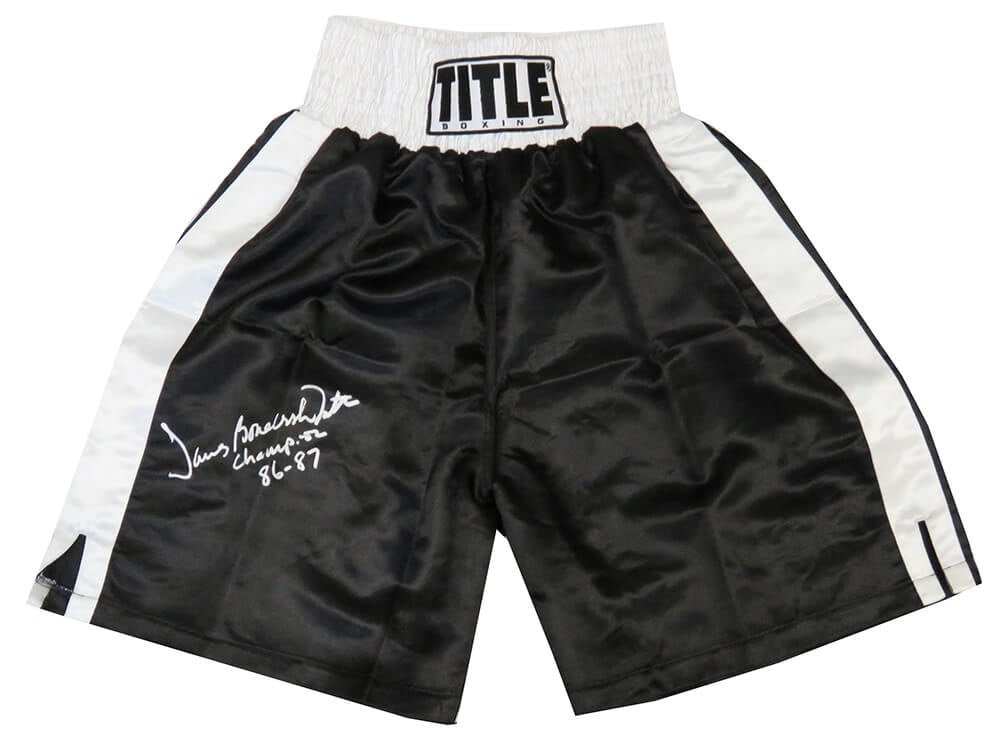 James Smith Signed Title Boxing Trunks Black White Champion 86-87 COA: James Smith Signed Title Boxing Trunks Black White Champion 86-87 COA Own a piece of boxing history with these James Smith signed Title black and white boxing trunks. Designed with bold white trim and