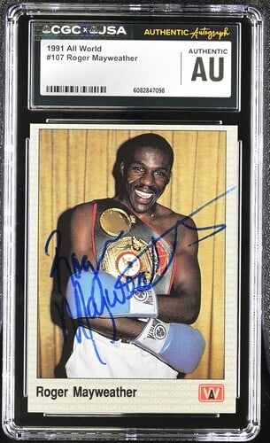 Roger Mayweather Signed 1991 All World Boxing Card JSA Authenticated: Roger Mayweather Signed 1991 All World Boxing Card JSA Authenticated This is an original 1991 All World boxing card featuring Roger Mayweather. The card is signed and authenticated by JSA. It represen