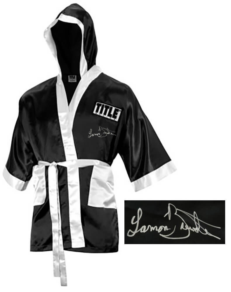 Lamon Brewster Signed Title Boxing Robe Relentless with COA: Lamon Brewster Signed Title Boxing Robe Relentless with COA This is a Lamon Brewster signed black boxing robe featuring the inscription 'Relentless'. The robe is an original piece, authenticated with 