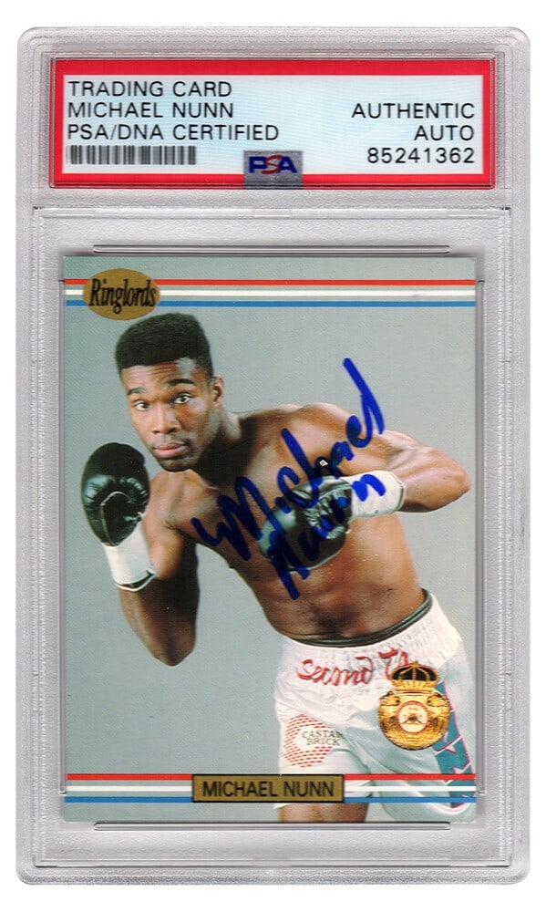 Michael Nunn Signed 1991 Ringlords Boxing Card #24 PSA/DNA Authenticated: Michael Nunn Signed 1991 Ringlords Boxing Card #24 PSA/DNA Authenticated This is a signed 1991 Ringlords boxing trading card #24 featuring Michael Nunn, a multi-class champion. The card has been authe