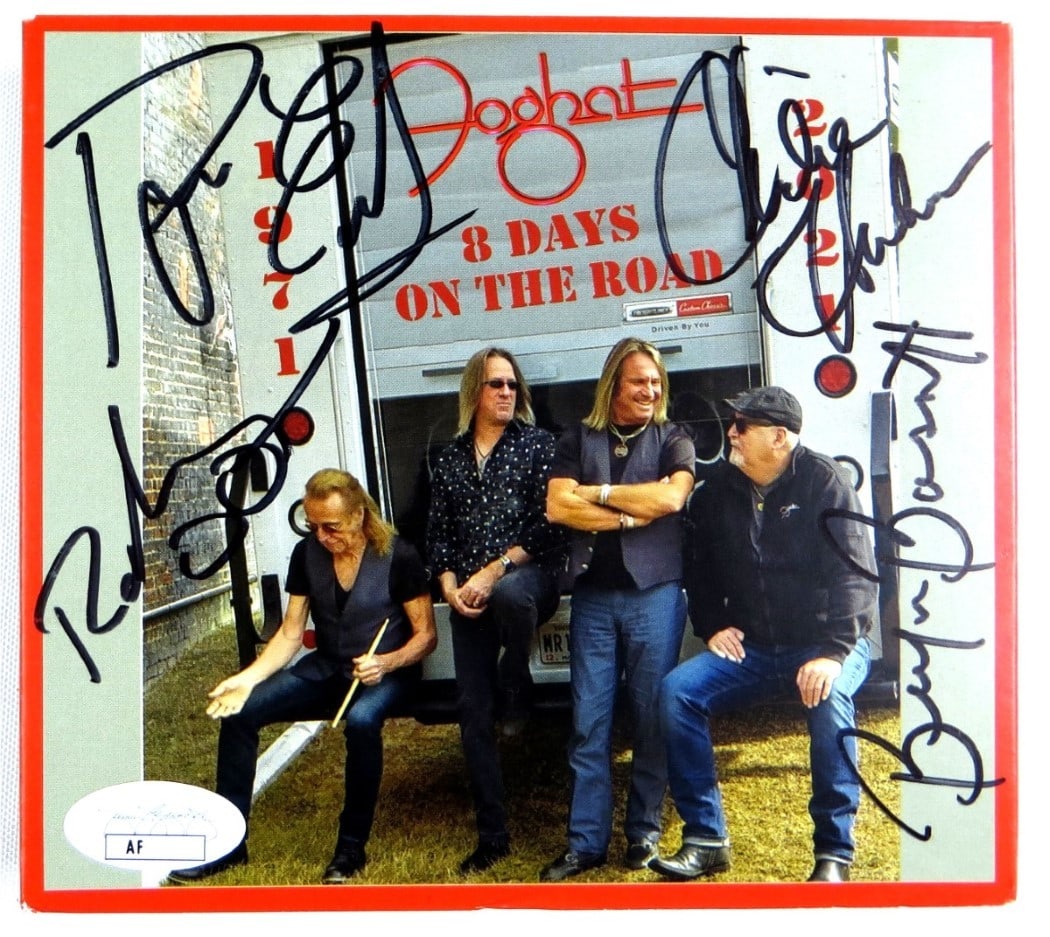 Foghat 8 Days on the Road Signed CD Cover JSA Authenticated: Foghat 8 Days on the Road Signed CD Cover JSA Authenticated This is an original CD cover and booklet for "8 Days on the Road" autographed by Foghat band members Roger Earl, Bryan Bassett, Charlie Huhn