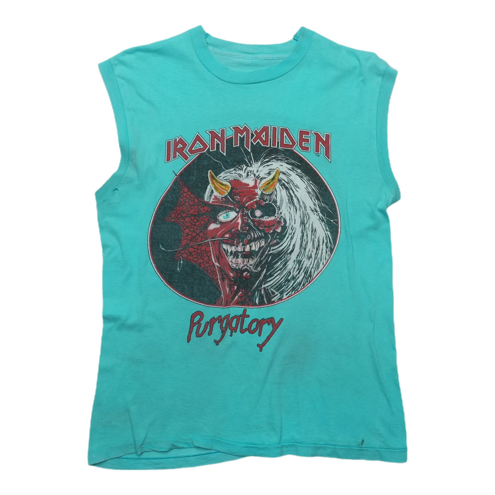 Vintage 1983 Iron Maiden Purgatory Tour Blue Sleeveless Cotton Shirt (1 of 6)