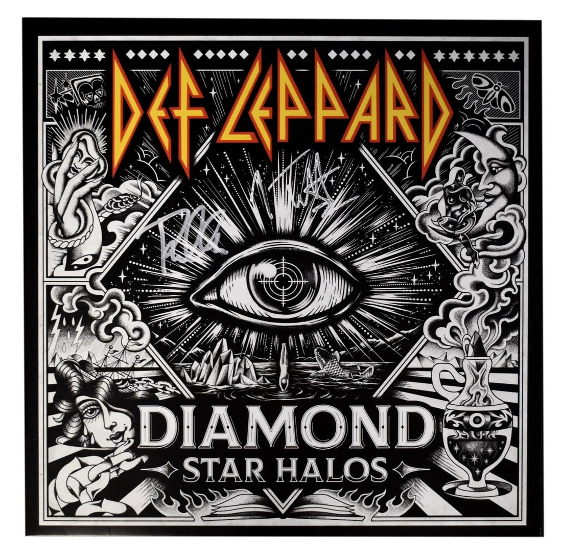 Def Leppard Diamond Star Halos Album Dual Signed JSA Certified: Def Leppard Diamond Star Halos Album Dual Signed JSA Certified Offered is a Def Leppard album titled "Diamond Star Halos" featuring dual signatures from band members Joe Elliott and Phil Collen. This 