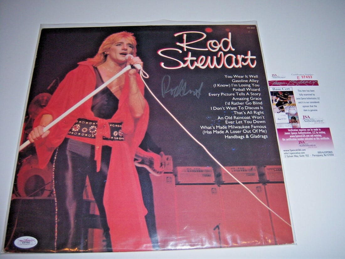 Rod Stewart autographed LP record with JSA COA: Rod Stewart autographed LP record with JSA COA This is an original LP record album signed by renowned rock musician Rod Stewart. The album features tracks including 'You Wear It Well' and 'Every Pictu