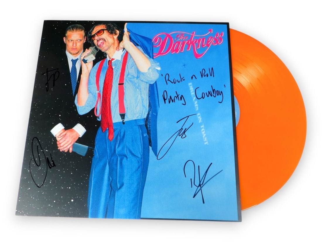 The Darkness Signed Album Cover with Inscription Beckett Authenticated: The Darkness Signed Album Cover with Inscription Beckett Authenticated This original album cover from The Darkness features autographs from all four members: Justin Hawkins, Dan Hawkins, Frankie Poull
