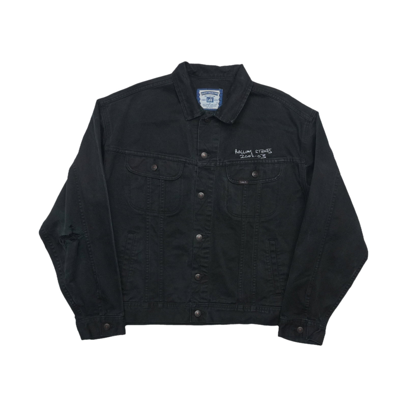 Vintage Lee Black Denim Rolling Stones Tour Jacket 2002: Vintage Lee Black Denim Rolling Stones Tour Jacket 2002 This is an original vintage 2002 Rolling Stones World Tour Lee denim jacket, featuring both front and back graphics. The jacket is made from 100