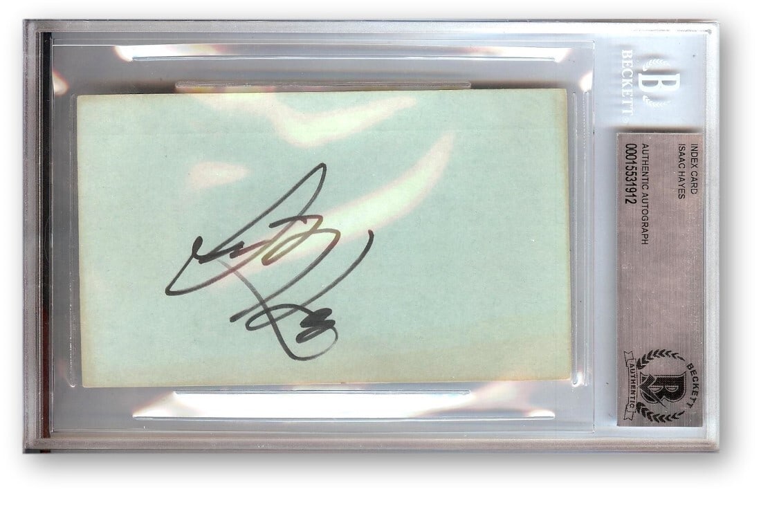 Isaac Hayes Autographed Index Card Beckett Authenticated 4.5 x 7: Isaac Hayes Autographed Index Card Beckett Authenticated 4.5 x 7 This authentic Isaac Hayes autographed index card features the legendary singer and songwriter known for his iconic role in the film 'S