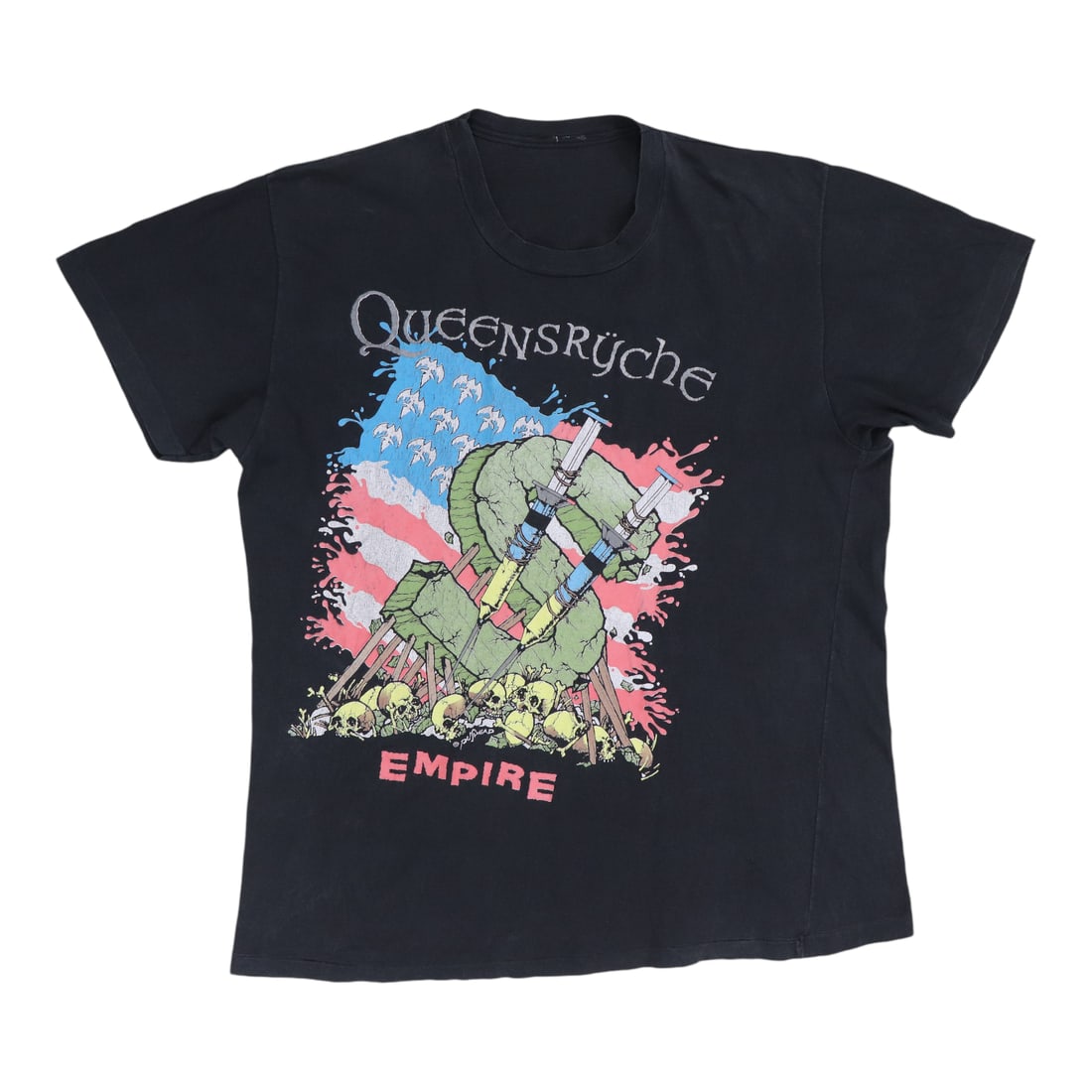 Vintage Queensryche Empire Tour 1991 Black Cotton Concert T-Shirt: Vintage Queensryche Empire Tour 1991 Black Cotton Concert T-Shirt This is an original vintage 1991 Queensryche Empire World Tour shirt featuring both front and back graphics. Made from 100% cotton in 