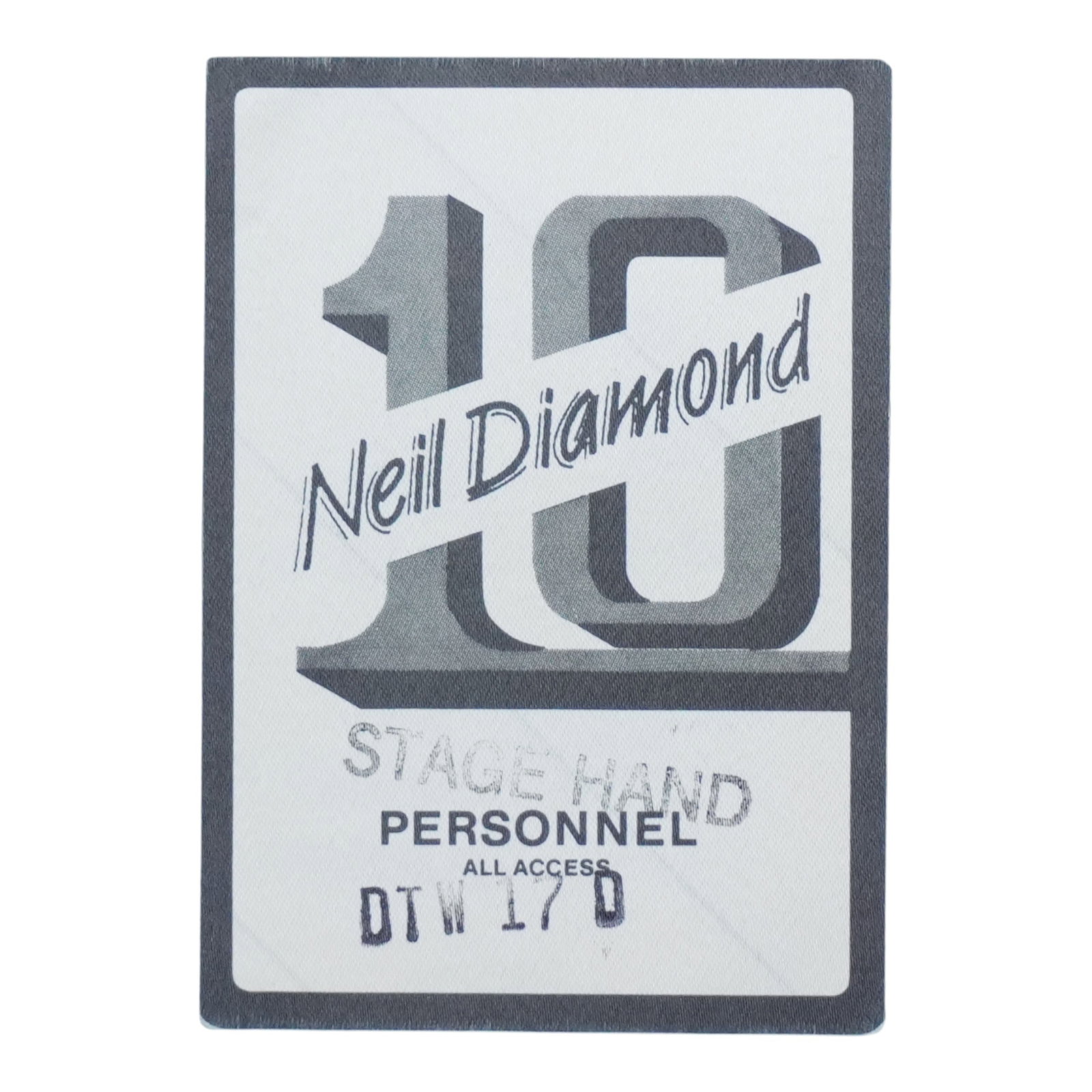 1980s Neil Diamond 10 Tour backstage personnel pass: 1980s Neil Diamond 10 Tour backstage personnel pass This is an original vintage backstage pass from the 1980s Neil Diamond "10" Tour. The pass is an authentic piece of concert memorabilia, used for pe