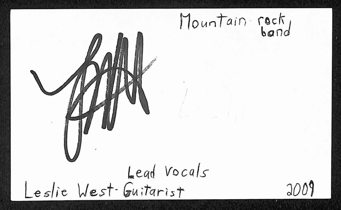 Leslie West signed 3x5 index card JSA BA209519: Leslie West signed 3x5 index card JSA BA209519 This is an original 3x5 index card autographed by musician Leslie West. The signed card is authenticated by JSA with certification number BA209519. The i