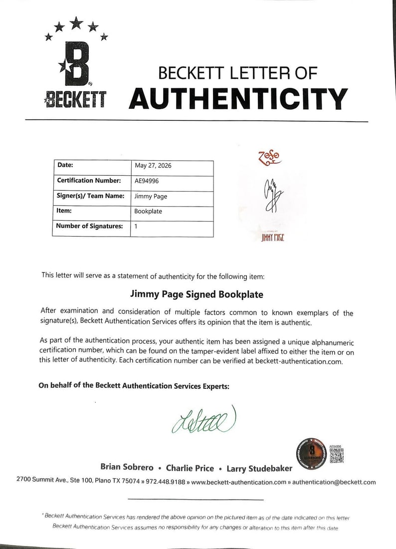Jimmy Page signed Zoso bookplate Beckett LOA Led Zeppelin (1 of 1)