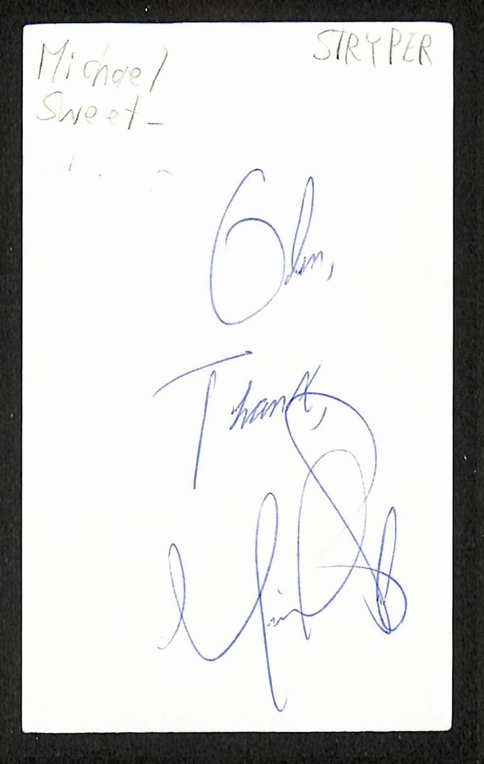Michael Sweet signed 3x5 index card JSA BA209468: Michael Sweet signed 3x5 index card JSA BA209468 This is an original 3x5 index card autographed by musician Michael Sweet. The item has been authenticated by JSA with certification number BA209468. It