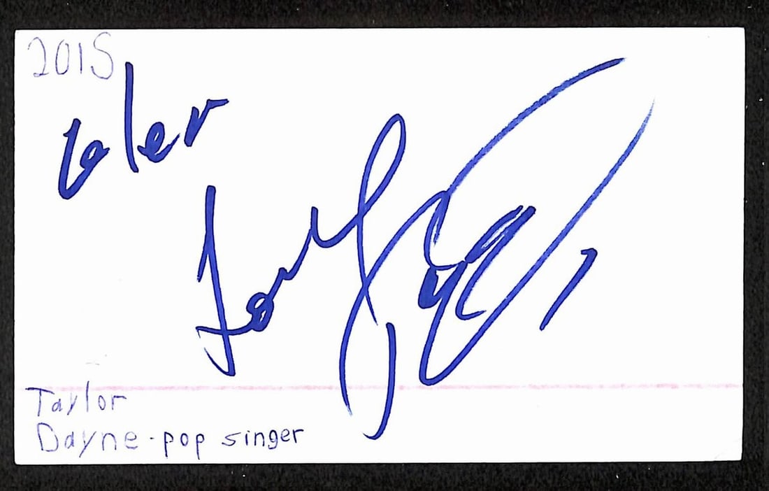 Taylor Dayne signed 3x5 index card JSA: Taylor Dayne signed 3x5 index card JSA This is an original 3x5 index card autographed by 1980s pop singer Taylor Dayne. The signed card is authenticated by JSA and is in pre-owned condition. Specifica