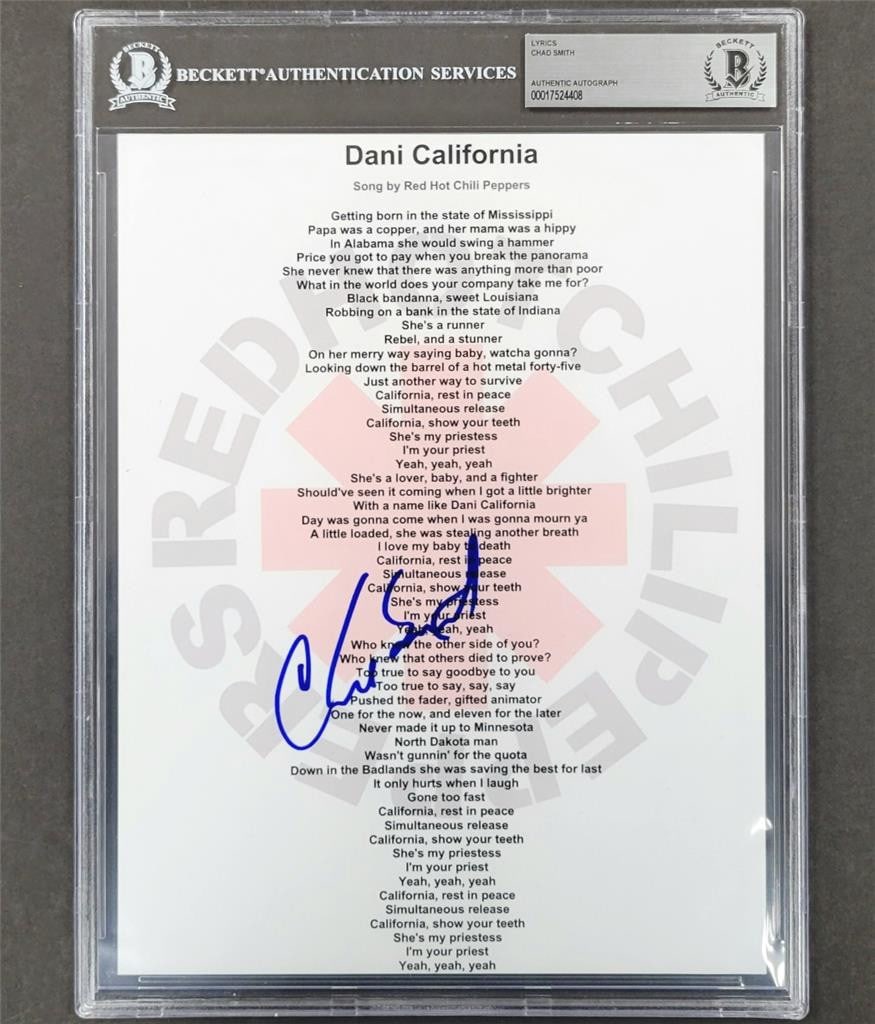 Chad Smith Autographed Dani California 8x10 Lyric Sheet Beckett Authenticated (1 of 3)
