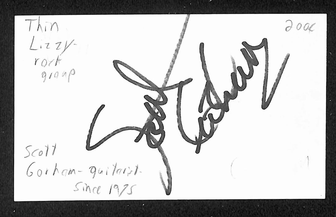 Scott Gorham signed Thin Lizzy 3x5 index card JSA BA209548: Scott Gorham signed Thin Lizzy 3x5 index card JSA BA209548 This is an original 3x5 index card autographed by Scott Gorham of Thin Lizzy. The card is authenticated by JSA with certification number BA20