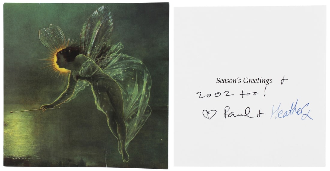 Paul McCartney Heather Mills Signed Greeting Card BAS COA AB76232: Paul McCartney Heather Mills Signed Greeting Card BAS COA AB76232 This authentic greeting card features the signatures of legendary musician Paul McCartney and Heather Mills, accompanied by the inscri