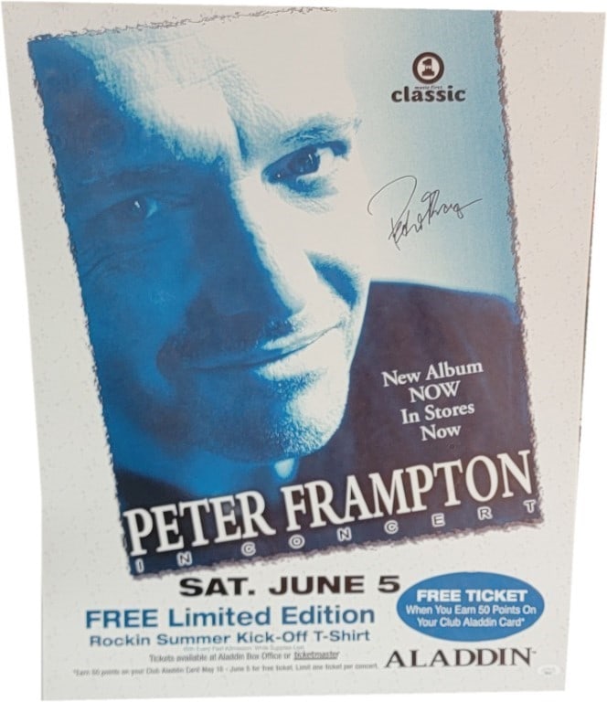 Peter Frampton Autographed 22x28 Poster JSA Authenticated: Peter Frampton Autographed 22x28 Poster JSA Authenticated This is an original, hand-signed autographed poster of Peter Frampton, measuring 22x28 inches. It features the iconic musician and is authenti