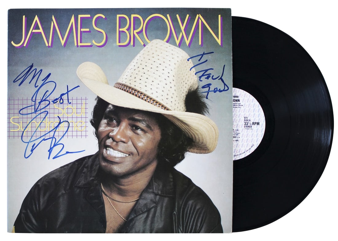 James Brown signed Soul Syndrome album cover with vinyl Beckett COA: James Brown signed Soul Syndrome album cover with vinyl Beckett COA This is an original Soul Syndrome album cover with vinyl, personally signed by James Brown. The cover features the inscription "My B
