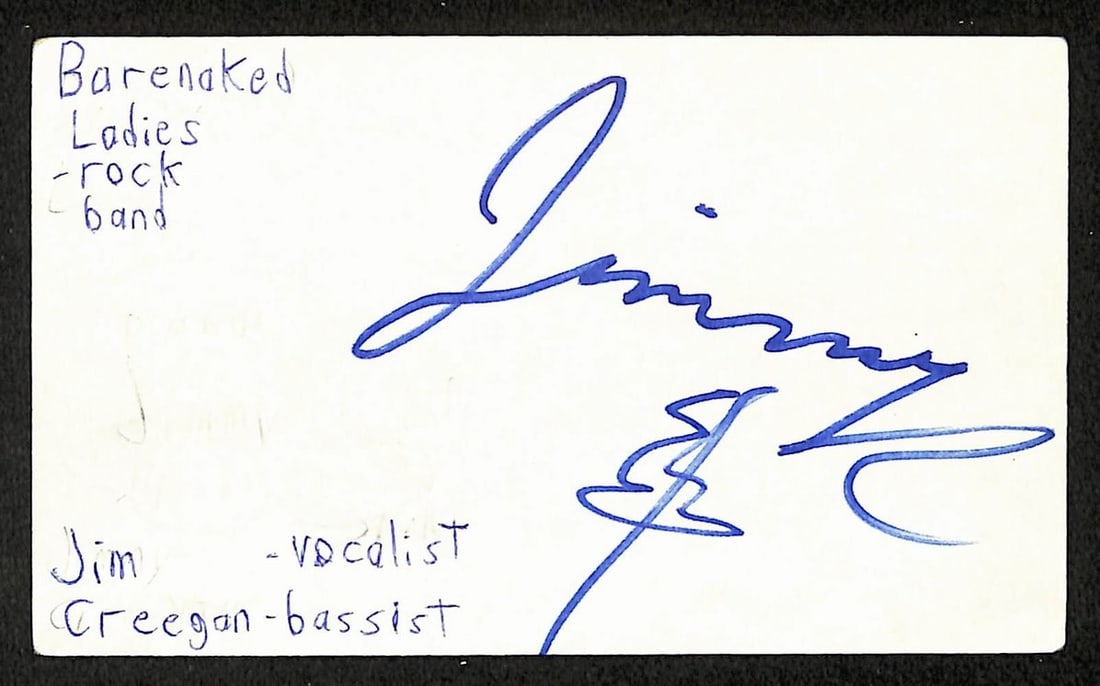 Jim Creeggan signed 3x5 index card JSA Barenaked Ladies: Jim Creeggan signed 3x5 index card JSA Barenaked Ladies This item is a 3x5 index card autographed by Jim Creeggan of Barenaked Ladies. The card is an original piece and comes in pre-owned condition. I