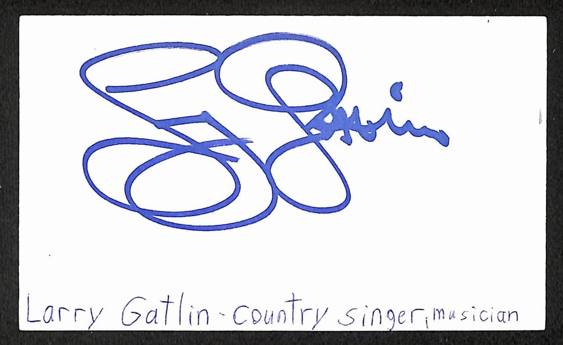 Larry Gatlin signed 3x5 index card JSA BA209506: Larry Gatlin signed 3x5 index card JSA BA209506 This 3x5 index card features the autograph of musician Larry Gatlin. The item is an original and comes pre-owned. It has been authenticated by JSA with 