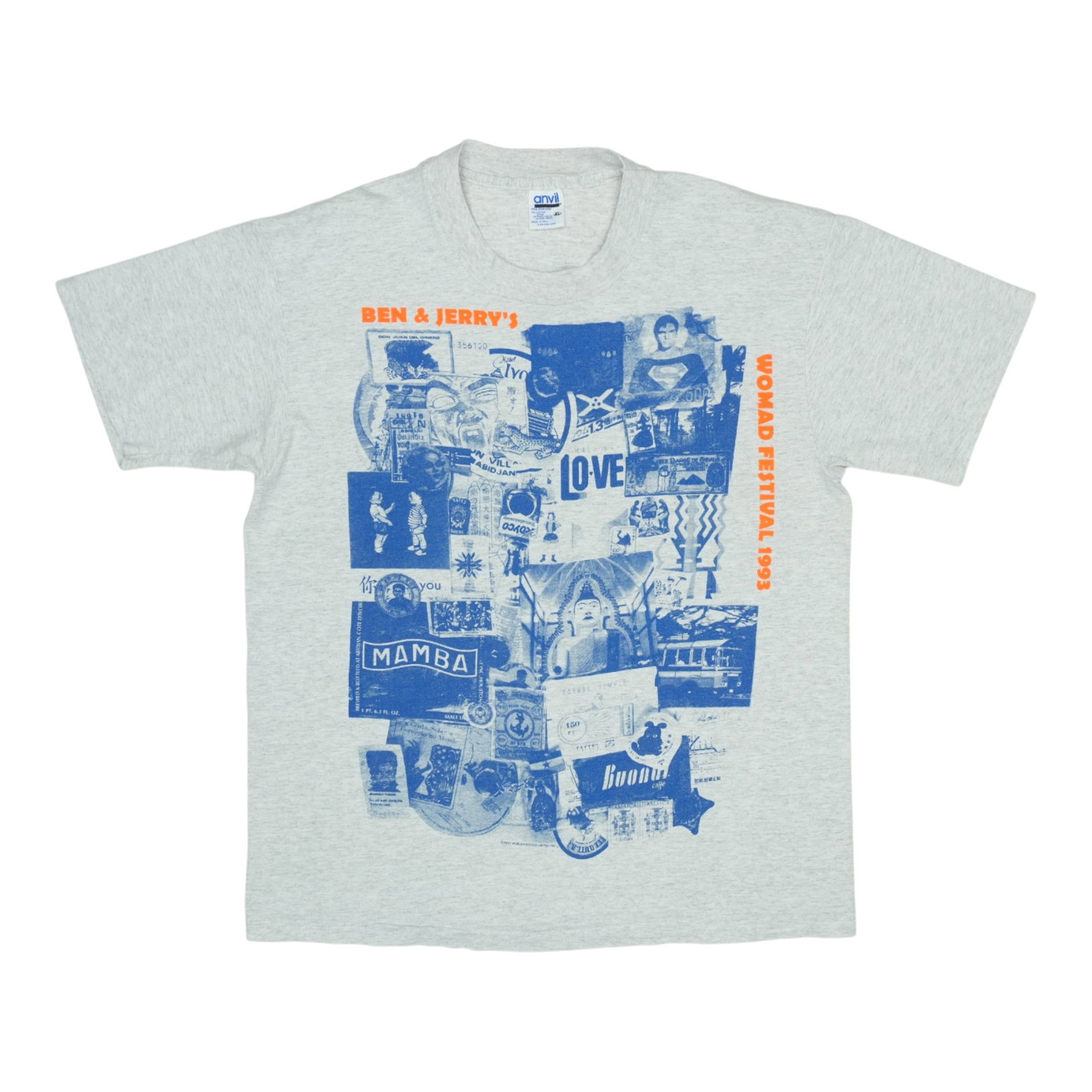 Vintage 1993 Womad Festival Grey Cotton T-Shirt Extra Large: Vintage 1993 Womad Festival Grey Cotton T-Shirt Extra Large This is an original vintage 1993 Womad Music Festival shirt featuring front and back graphics. The shirt is made from 100% cotton in grey an