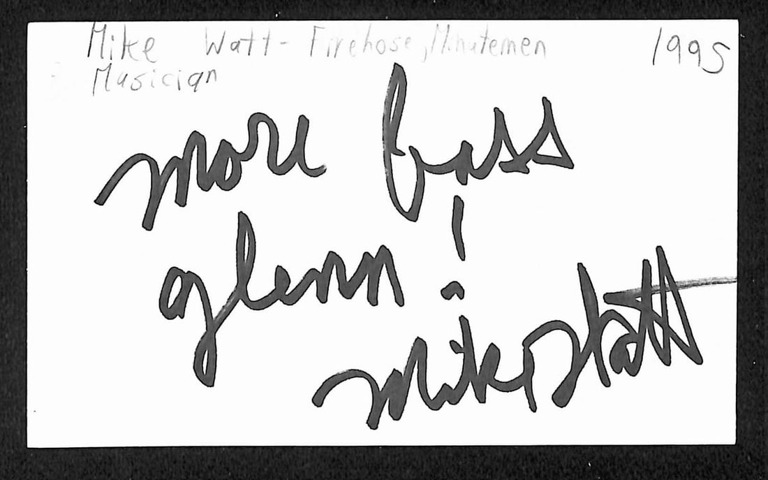 Signed Mike Watt 3x5 Index Card JSA BA209485: Signed Mike Watt 3x5 Index Card JSA BA209485 This item is a 3x5 index card autographed by musician Mike Watt. The signed card is an original and comes with JSA authentication (BA209485). It is in pre-
