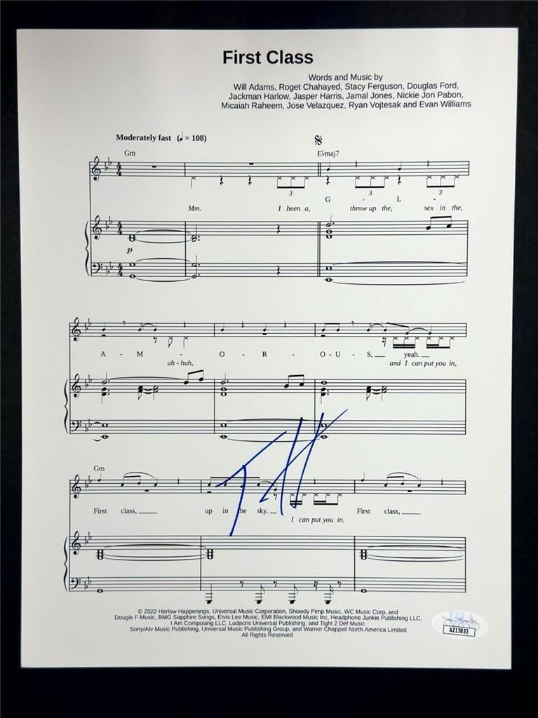 Jack Harlow First Class Signed 8.5x11 Music Sheet JSA Authenticated Autograph: Jack Harlow First Class Signed 8.5x11 Music Sheet JSA Authenticated Autograph This is an original 8.5x11 music sheet for the song "First Class," signed by Jack Harlow. The autograph is authenticated b