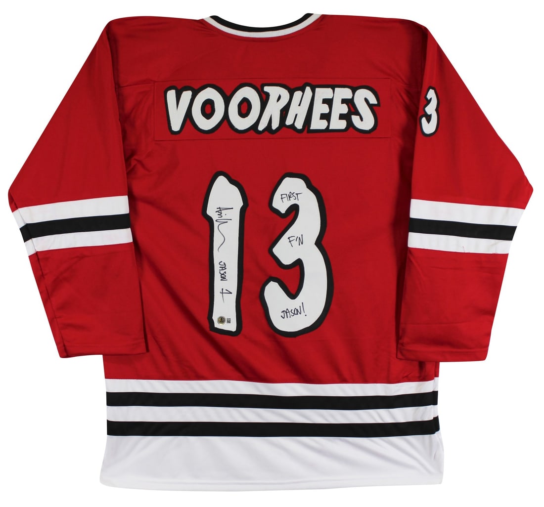 Ari Lehman Signed Red Hockey Jersey with First F'N Jason Inscription BAS Verified (1 of 3)