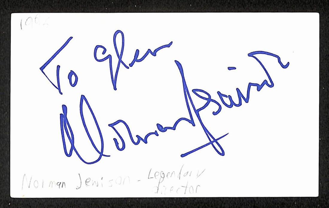 Norman Jewison signed 3x5 index card JSA BA209561: Norman Jewison signed 3x5 index card JSA BA209561 This is an original 3x5 index card autographed by filmmaker Norman Jewison. The signed card is authenticated by JSA with certification number BA209561