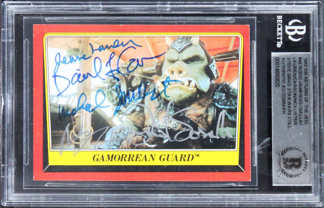 Star Wars Signed 1983 ROTJ #49 Card Nilo Rodis-Jamero David Sosalla BAS Slabbed: Star Wars Signed 1983 ROTJ #49 Card Nilo Rodis-Jamero David Sosalla BAS Slabbed This autographed 1983 Star Wars Return of the Jedi #49 card features the signatures of notable cast members Nilo Rodis-J