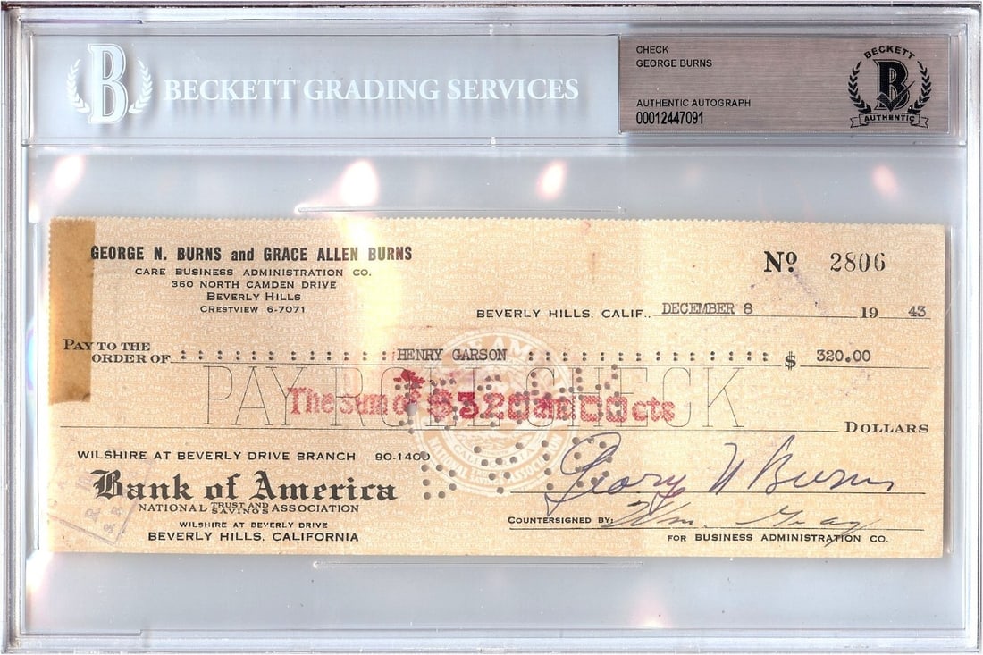 1943 Beckett Authenticated George Burns Signed Personal Check Hollywood Memorabilia: 1943 Beckett Authenticated George Burns Signed Personal Check Hollywood Memorabilia This is an original personal check signed by actor George Burns. The autograph has been authenticated by Beckett Aut